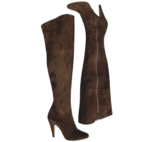MOSCHINO Cheap & Chic Genuine Suede Over The Knee Boots Espresso Brown Designer - Picture 3 of 11